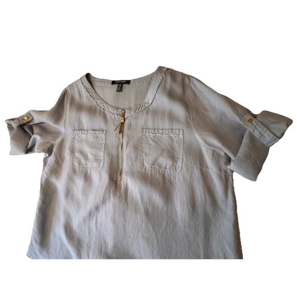 Ellen Tracy Linen Top‎ XL Blue Zip Neck Roll Tab Sleeve 100% Linen Tunic Blouse - Picture 8 of 13